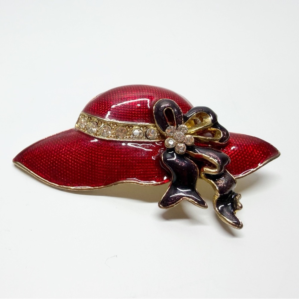 Enamel Rhinestone Floral Ribbon Red Hat Brooches - Picture 2 of 12